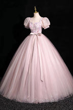Pink Tulle Floral Floor Length Formal Prom Dresses, A-Line Short Sleeve Evening Dresses