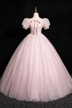 Pink Tulle Floral Floor Length Formal Prom Dresses, A-Line Short Sleeve Evening Dresses