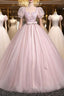 Pink Tulle Floral Floor Length Formal Prom Dresses, A-Line Short Sleeve Evening Dresses