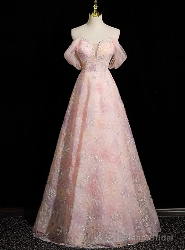 Pink Tulle Flower Beading Prom Dress Main image