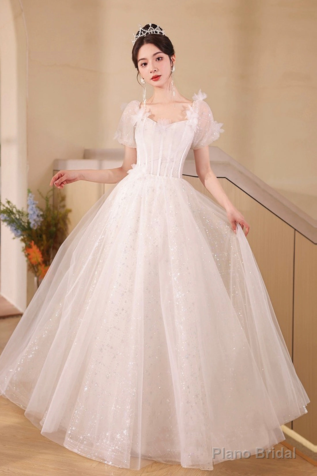 Pink Tulle Flowers Floor Length Prom Dress, Beautiful A-Line Evening Party Dress Secondary image