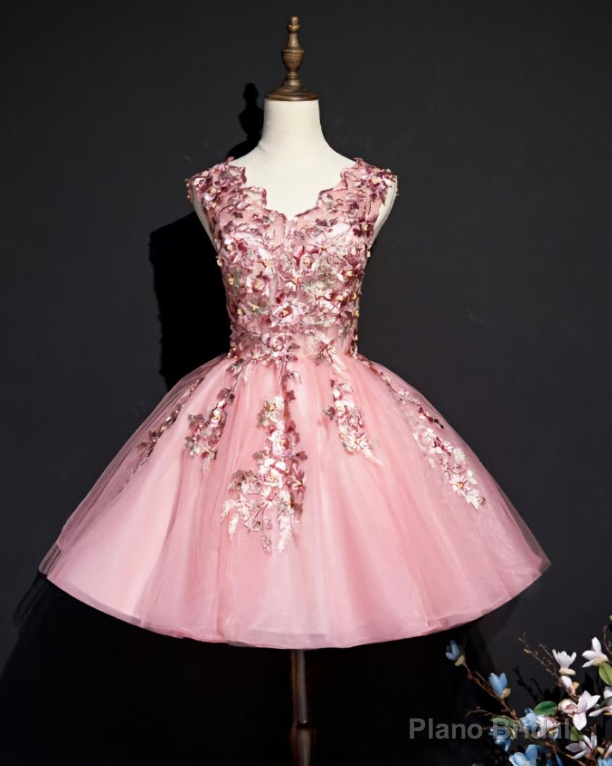 Pink Tulle Flowers Homecoming Dress, Short Pink Teen Formal Dress Secondary image