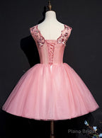 Pink Tulle Flowers Homecoming Dress, Short Pink Teen Formal Dress