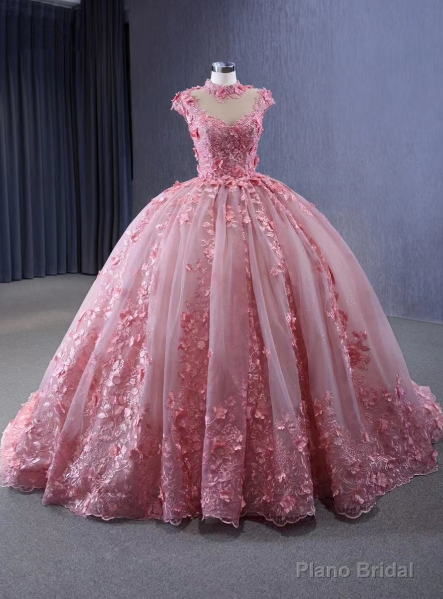 Pink Tulle High Neck Cap Sleeve Appliques Prom Dress Main image