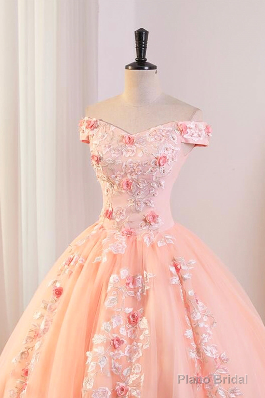 Pink Tulle Lace and Flowers Ball Gown Formal Dresses, Pink Long Sweet 16 Dresses