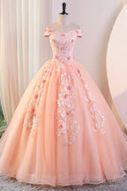 Pink Tulle Lace and Flowers Ball Gown Formal Dresses, Pink Long Sweet 16 Dresses