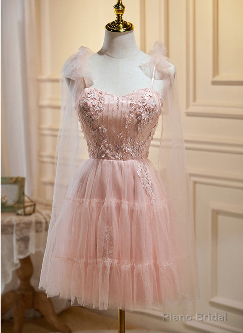 Pink Tulle Lace and Flowers Short Homecoming Dress, Cute Pink Party Dress Secondary image