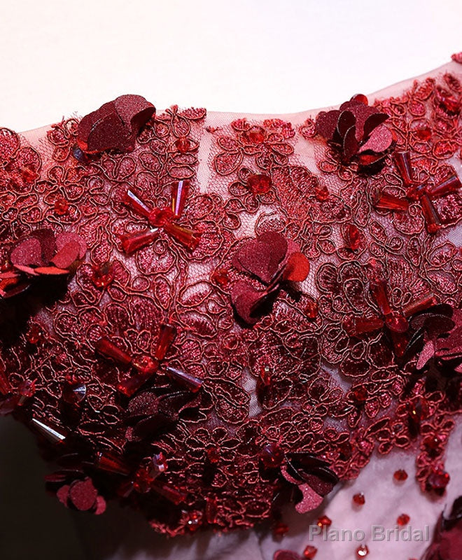 Pink Tulle Lace Applique Long Prom Dress, Burgundy Lace Evening Dress Secondary image