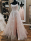 Pink Tulle  Lace Appliques A Line Open Back Long Prom Dress, Pink Party Dress