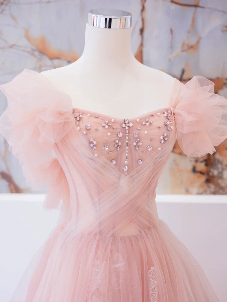 Pink Tulle Lace Beads Long Formal Prom Dresses, Pink A Line Formal Evening Dresses