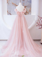 Pink Tulle Lace Beads Long Formal Prom Dresses, Pink A Line Formal Evening Dresses