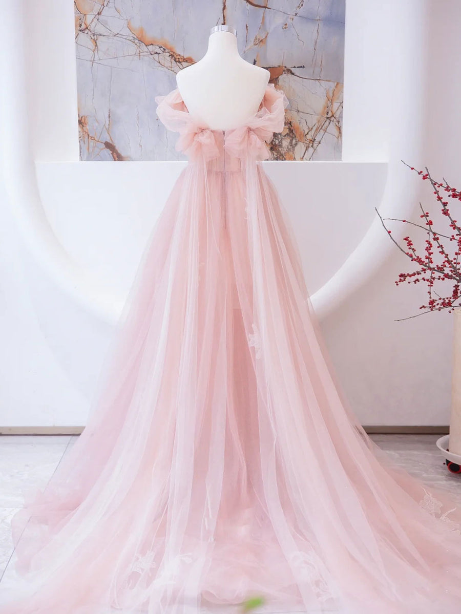 Pink Tulle Lace Beads Long Formal Prom Dresses, Pink A Line Formal Evening Dresses
