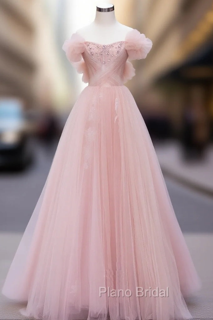 Pink Tulle Lace Beads Long Formal Prom Dresses, Pink A Line Evening Dresses Main image