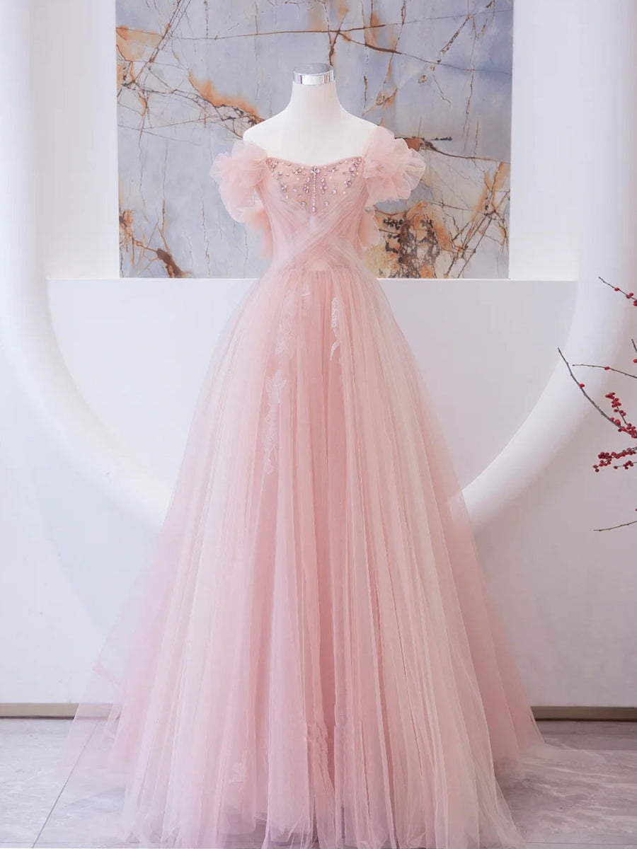 Pink Tulle Lace Beads Long Formal Prom Dresses, Pink A Line Formal Evening Dresses Main image