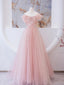 Pink Tulle Lace Beads Long Formal Prom Dresses, Pink A Line Formal Evening Dresses