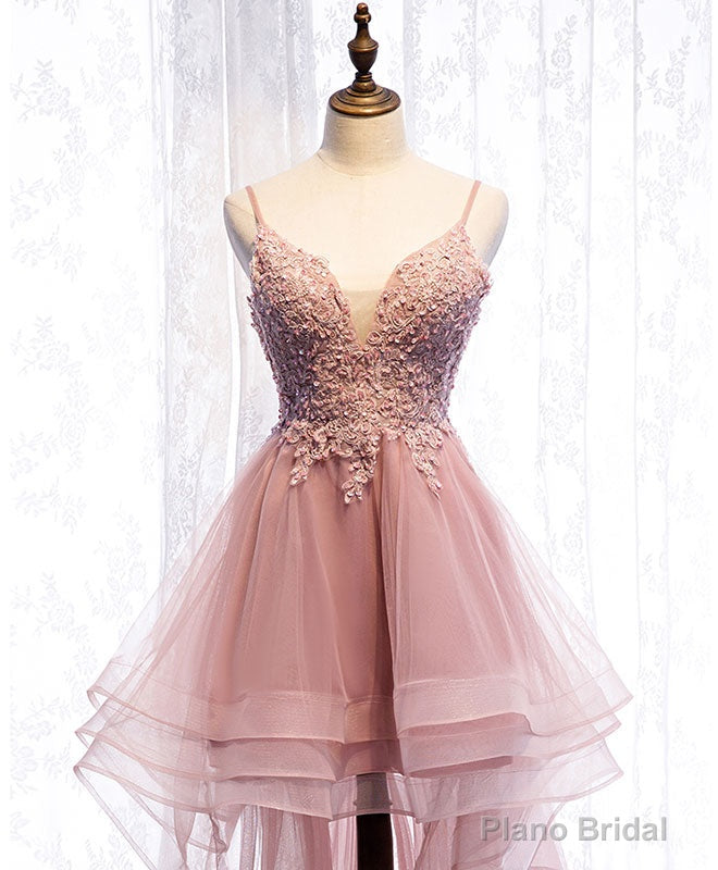 Pink Tulle Lace High Low Prom Dress, Pink Homecoming Dress