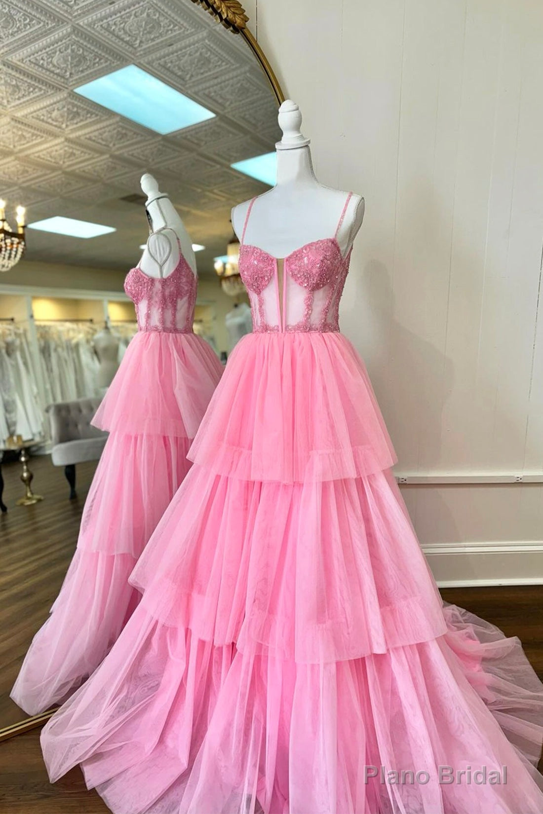 Pink Tulle Lace Long Prom Dress, A-Line Spaghetti Strap Evening Party Dress Main image