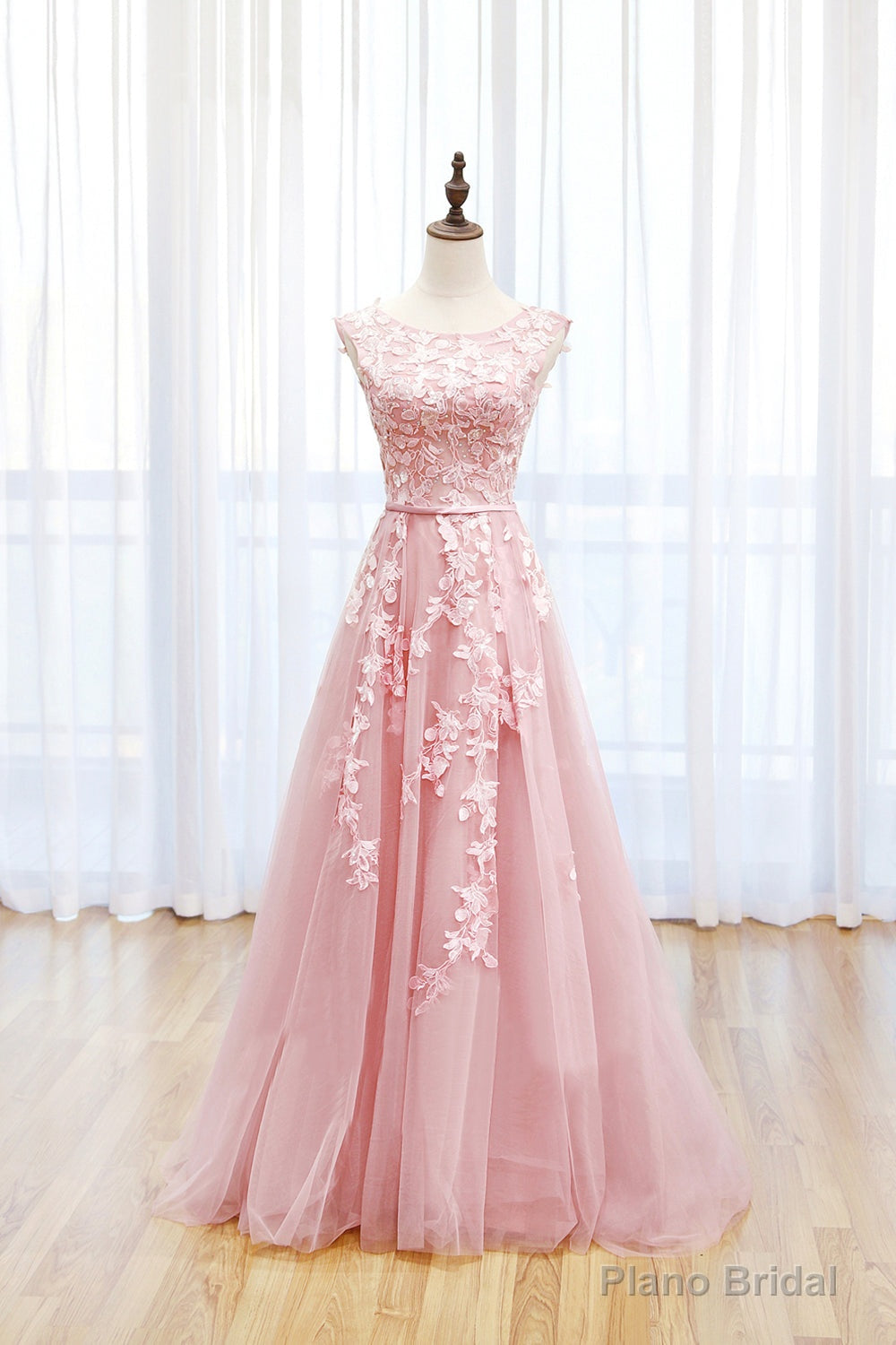 Pink Tulle Lace Long Prom Dress, Lovely A-Line Open Back Evening Dress Main image