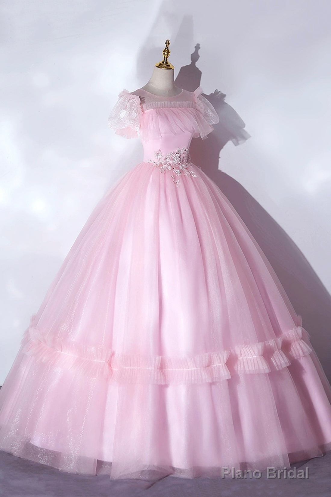 Pink Tulle Lace Long Prom Dress, Lovely A-Line Short Sleeve Evening Dress Main image