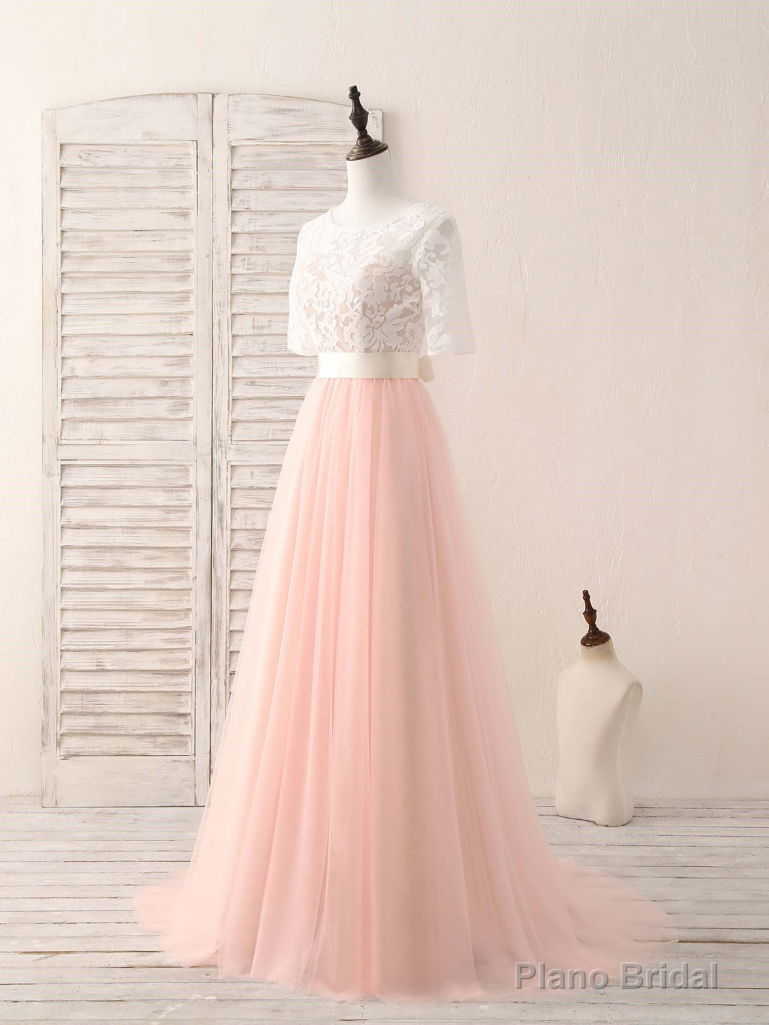 Pink Tulle Lace Long Prom Dress Pink Bridesmaid Dress Secondary image