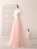 Pink Tulle Lace Long Prom Dress Pink Bridesmaid Dress