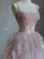 Pink Tulle Lace Long Formal Prom Dresses, Pink Formal Evening Dresses