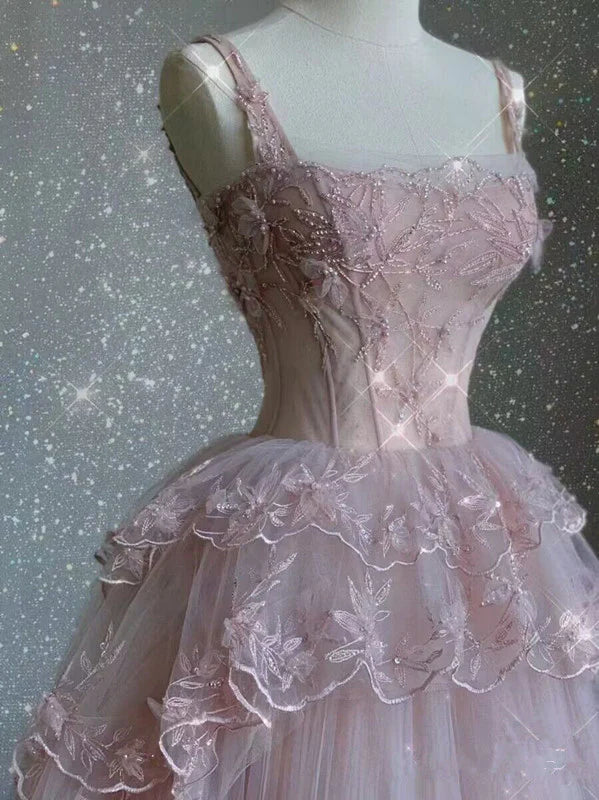 Pink Tulle Lace Long Formal Prom Dresses, Pink Formal Evening Dresses