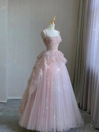 Pink Tulle Lace Long Formal Prom Dresses, Pink Formal Evening Dresses