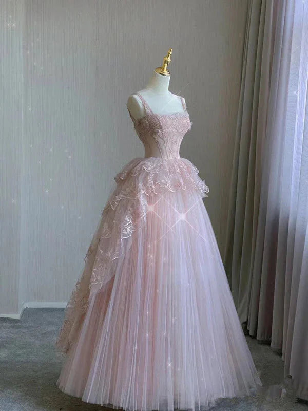Pink Tulle Lace Long Formal Prom Dresses, Pink Formal Evening Dresses