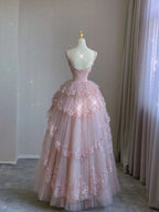 Pink Tulle Lace Long Formal Prom Dresses, Pink Formal Evening Dresses