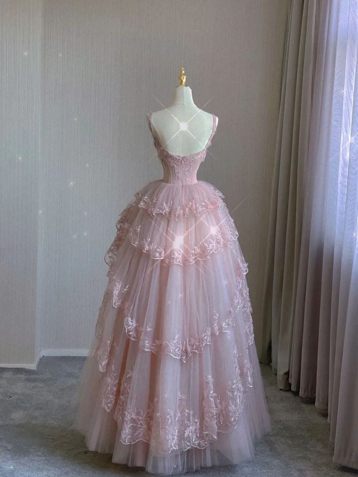 Pink Tulle Lace Long Formal Prom Dresses, Pink Formal Evening Dresses