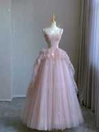 Pink Tulle Lace Long Formal Prom Dresses, Pink Formal Evening Dresses Birthday Dresses