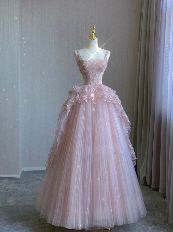 Pink Tulle Lace Long Formal Prom Dresses, Pink Formal Evening Dresses Main image