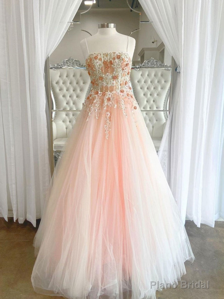 Pink tulle lace long prom dress, pink lace long evening dress Main image
