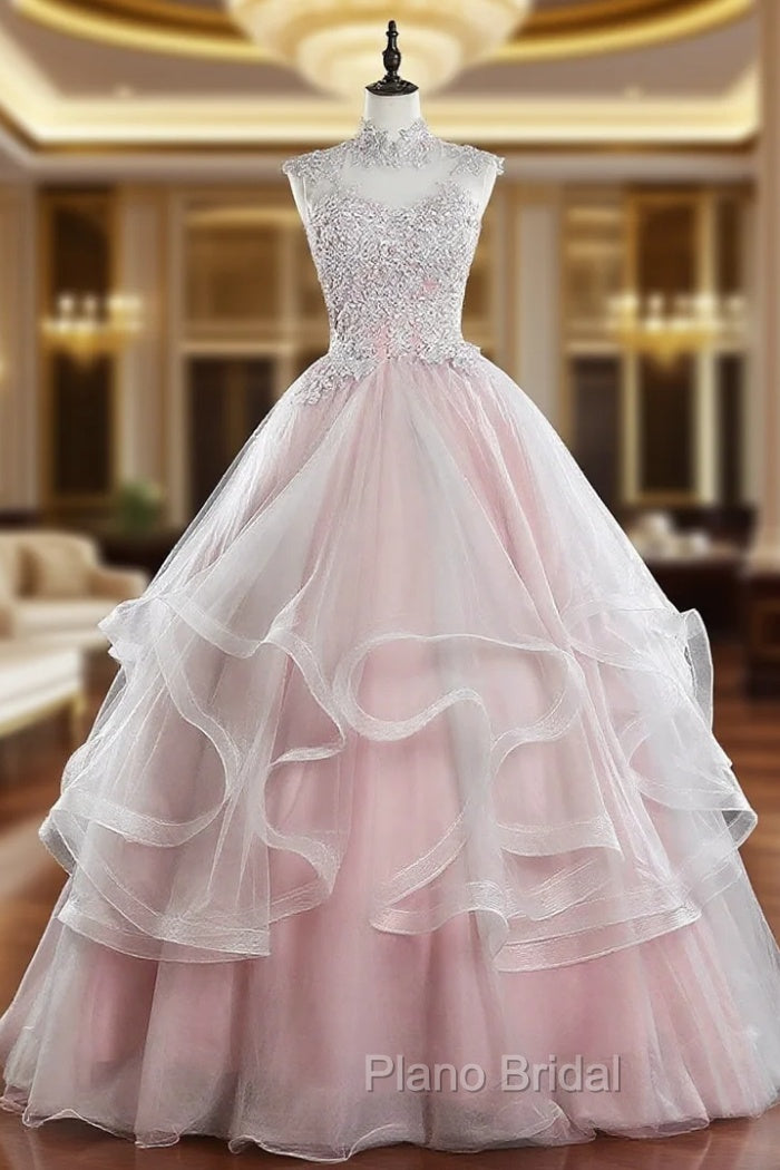 Pink Tulle Lace Long Formal Prom Dresses, Pink Sweet 16 Dresses