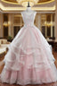 Pink Tulle Lace Long Formal Prom Dresses, Pink Sweet 16 Dresses
