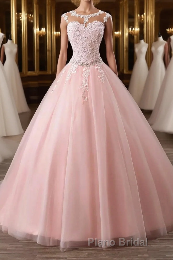 Pink tulle lace long Formal Prom dress, pink tulle evening dress Main image
