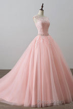 Pink tulle lace long Formal Prom dress, pink tulle evening dress