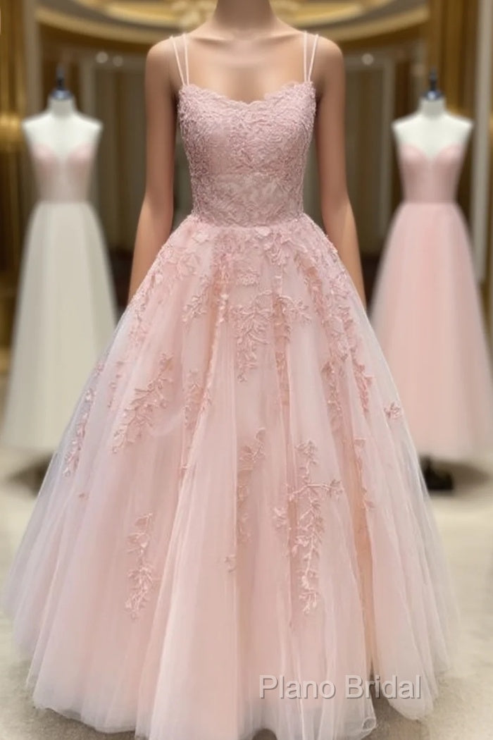 Pink Tulle Lace Long Formal Prom Dresses, Pink Tulle Lace Formal Dresses Main image