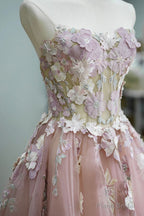 Pink Tulle Lace Long Prom Dress, Strapless A-Line Evening Graduation Dress