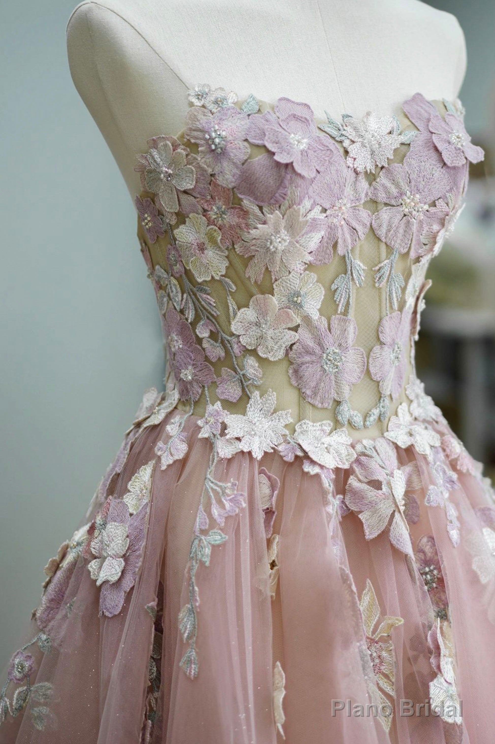 Pink Tulle Lace Long Prom Dress, Strapless A-Line Evening Graduation Dress Secondary image
