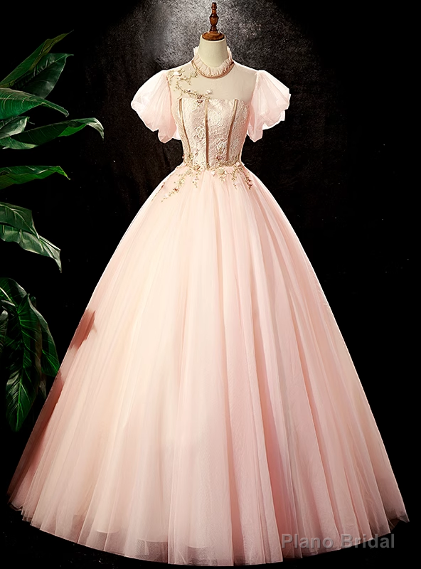 Pink Tulle Lace Puff Sleeve Quinceanera Dress Main image
