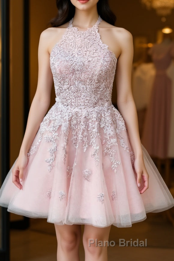 Pink tulle lace short Formal Prom dress, pink tulle lace homecoming dress Main image