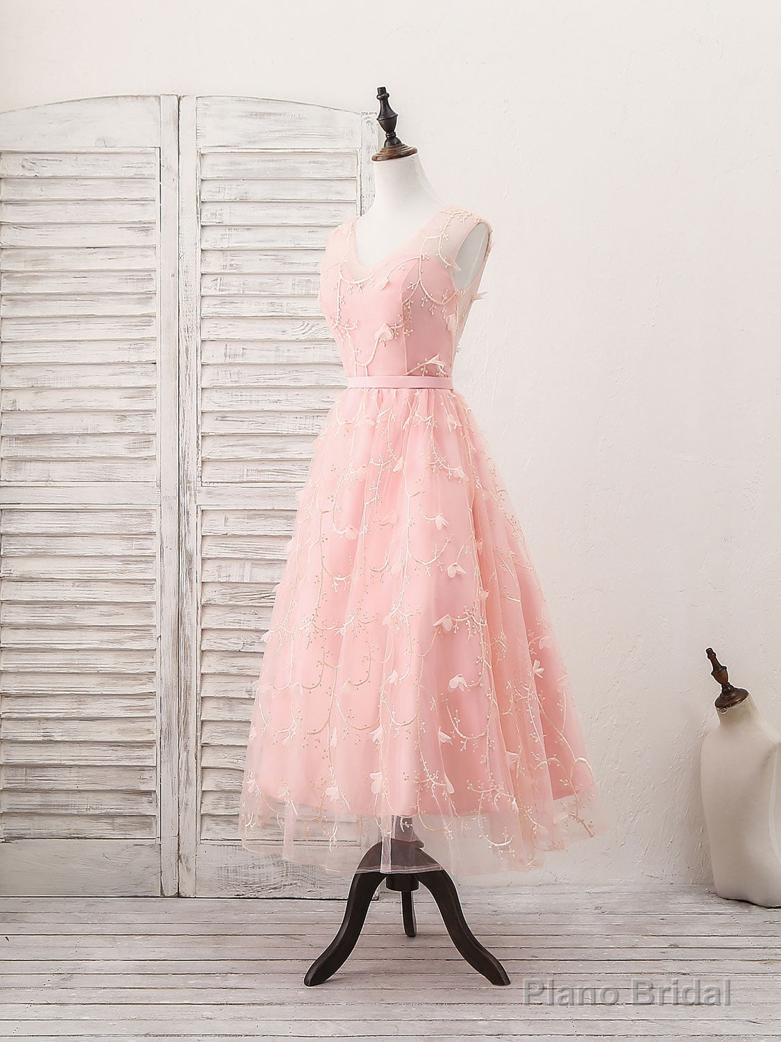 Pink Tulle Lace Tea Length Prom Dress, Pink Homecoming Dress Main image