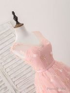 Pink Tulle Lace Tea Length Prom Dress, Pink Homecoming Dress
