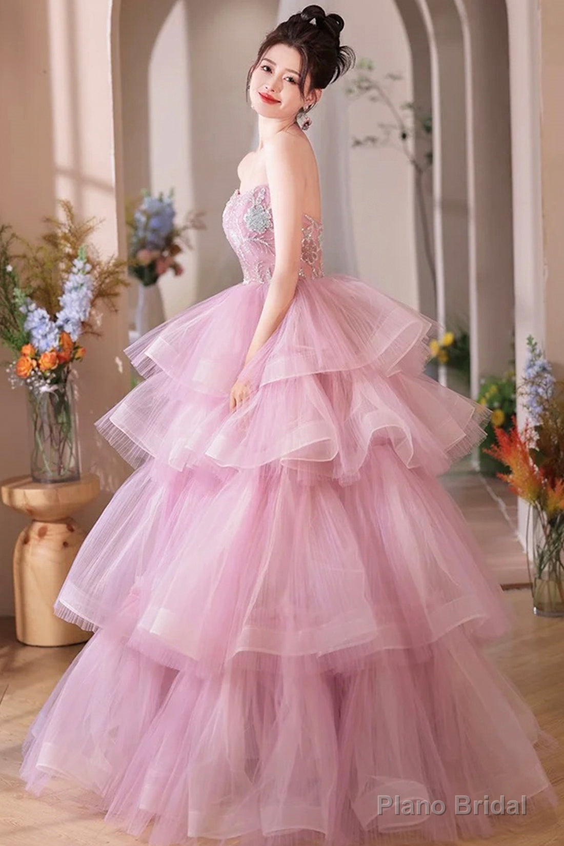 Pink Tulle Layers Long A-Line Prom Dress, Pink Sweetheart Neckline Evening Gown Secondary image