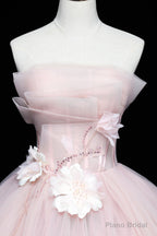 Pink Tulle Long A-Line Ball Gown, Pink Strapless Princess Sweet 16 Dress