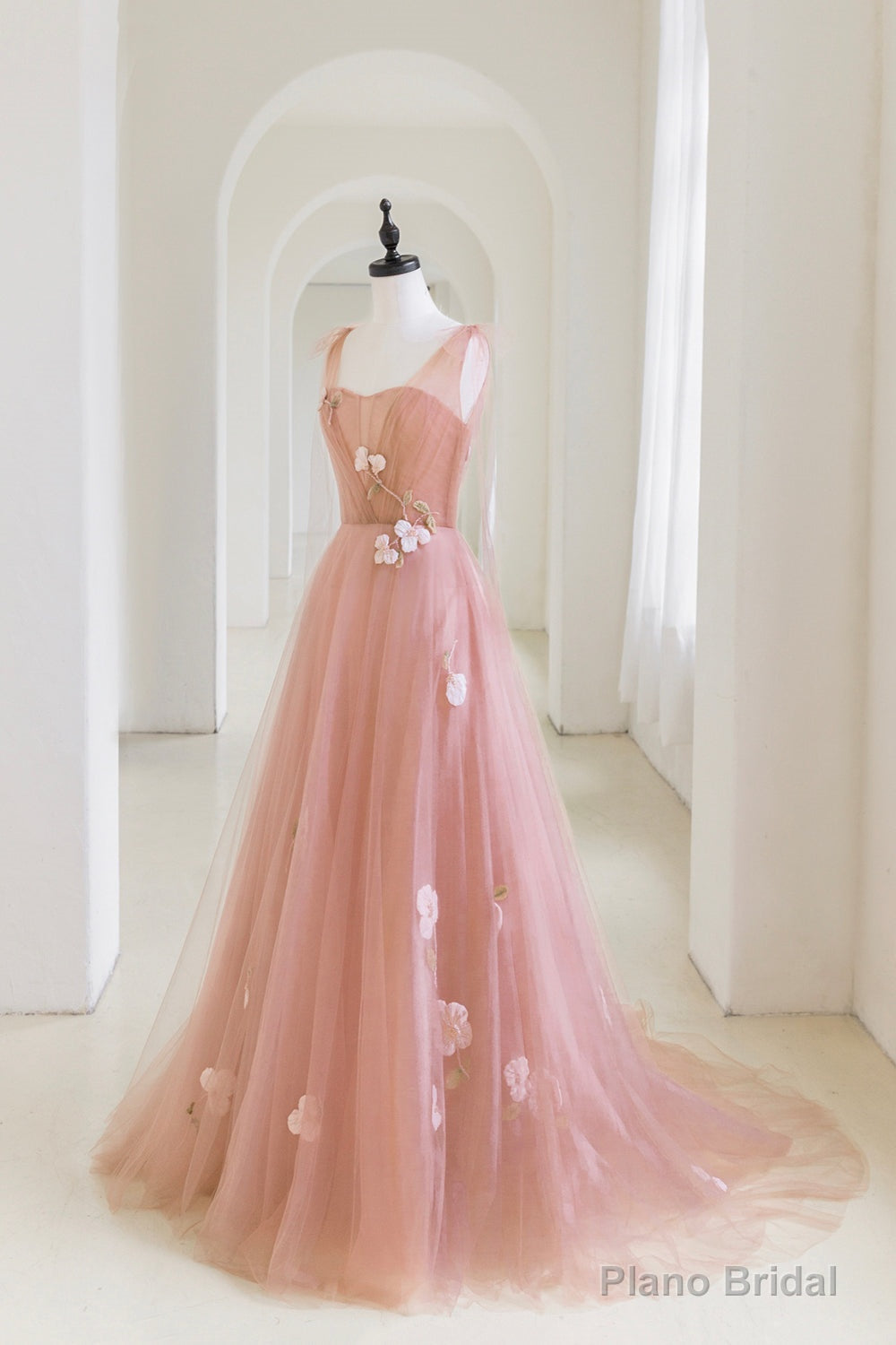 Pink Tulle Long A-Line Prom Dress, Lovely Pink Evening Graduation Dress