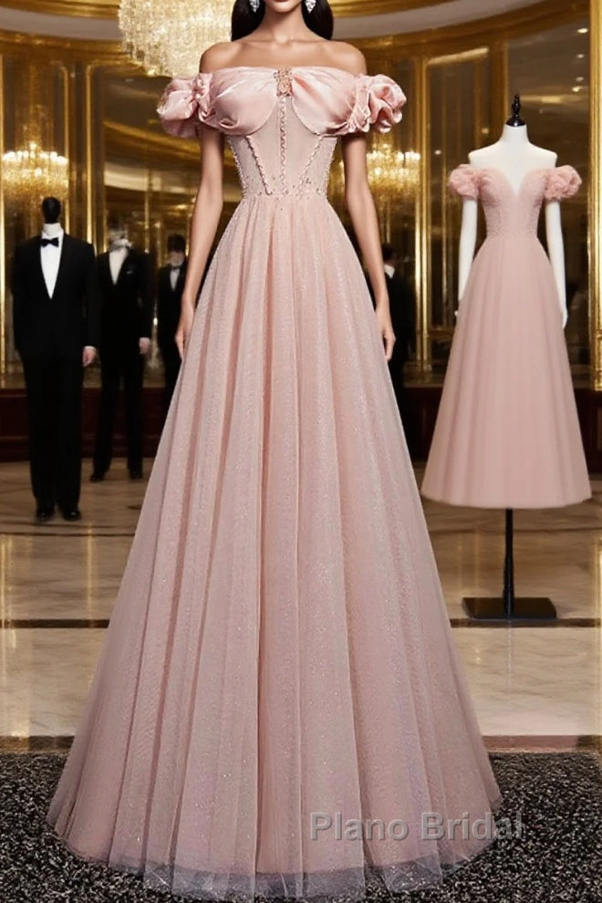 Pink Tulle Long A Line Formal Prom Dresses Pink Evening Dresses