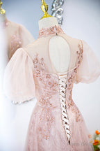 Pink Tulle Long A-Line Prom Dress, Pink Short Sleeve Evening Party Dress